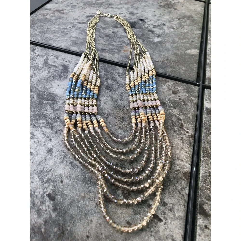 Nakamol Beaded Necklace 8 Strand Blue Ivory Gold Indie Coastal Beach 24